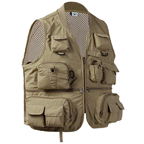 BASSDASH Versatile Men's Women's Fishing Photography Vest with Mesh Back 6 Sizes - color: Khaki, size: Medium