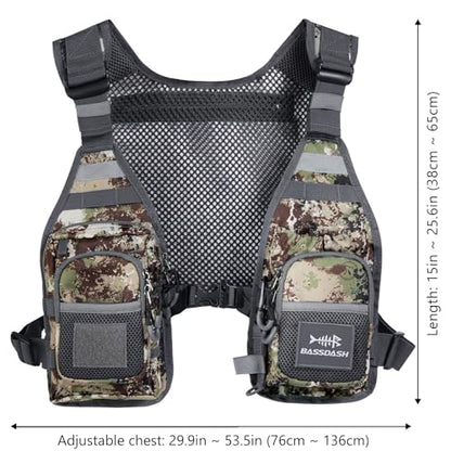 BASSDASH FV08 Ultra Lightweight Fly Fishing Vest for Men and Women Portable Chest Pack - color: Grunge Camo