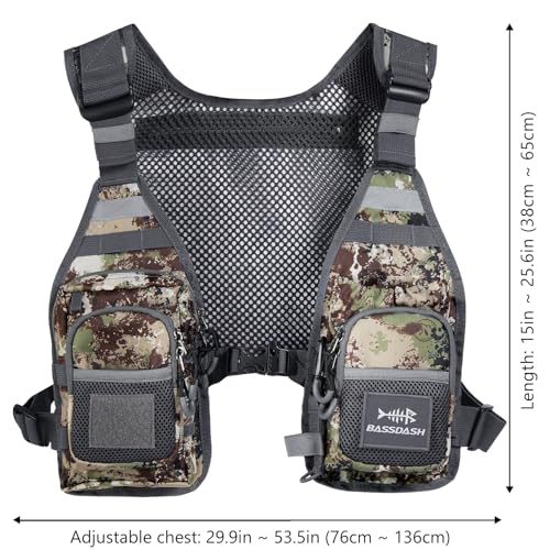 BASSDASH FV08 Ultra Lightweight Fly Fishing Vest for Men and Women Portable Chest Pack - color: Grunge Camo