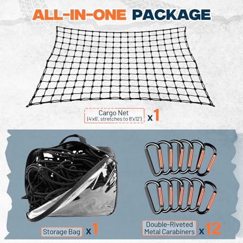 4' x 6' Cargo Net (Stretches to 8'x12') with 12 Metal Carabiners | 4" x 4" Mesh, Bungee Truck Bed Net, Large Items Organizer Accessory for Pickup Trucks, RVs, and Cargo Storage