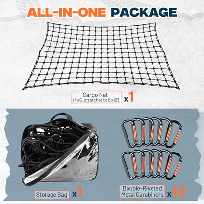 4' x 6' Cargo Net (Stretches to 8'x12') with 12 Metal Carabiners | 4" x 4" Mesh, Bungee Truck Bed Net, Large Items Organizer Accessory for Pickup Trucks, RVs, and Cargo Storage