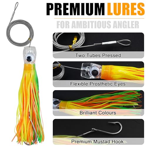 Saltwater Fishing Lures 6/9inch Trolling Lures for Marlin Mahi Tuna Dolphin Shark Big Game Deep Sea Fishing Baits Squid Skirts Rigged Hooks Ocean Gear Tackle - color: 6pcs (with bag), size: 9inch