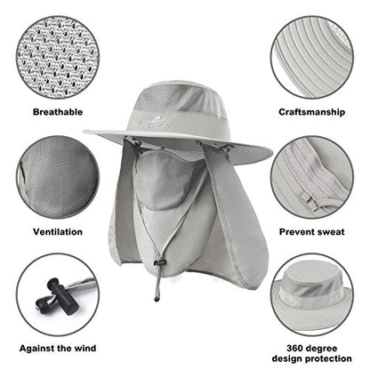 Fishing Hat,Sun Cap with UPF 50+ Sun Protection and Neck Flap,for Man and Women - color: Light Grey