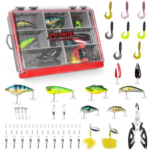 MadBite by KastKing 182/265/400pcs Compact Fishing Tackle Kit - All-in-One Freshwater Hooks, Weights, Bobbers in Tackle Box, Fishing Gear Set for Bass Trout Panfish - style: 71pcs Freshwater Lure Kit
