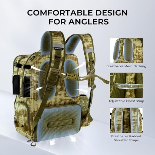KastKing BaitSpace Fishing Tackle Backpack with Removable Bait Binder,2 Rod Holders Storage Fishing Gear and Equipment - color: H: Khaki Camo, size: Without tackle box