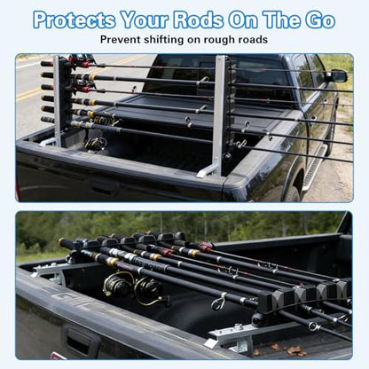 Truck Bed Fishing Rod Holder - 6 Rod Capacity with EVA Foam, Aluminum C-Clamp Mount, No Drill Installation, Fits Truck Bed & Boats
