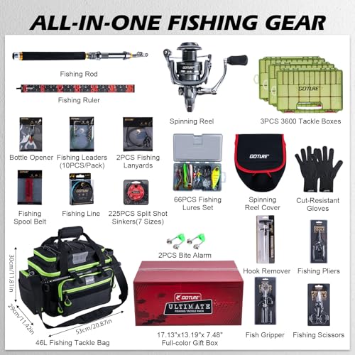 Goture Fishing Rod and Reel Combos,1.8M-2.7M Telescopic Fishing Pole Spinning Reel Line Lures Set with Carrier Bag,Telescopic Rod Kit for Starter Travel Saltwater Freshwater Gear Gift - color: E2:Fishing Full Kit with Tackle Bag, size: 7 ft/2.1 m
