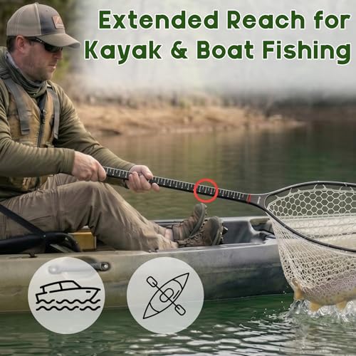 Riverruns Fly Fishing Landing Net Carbon Fiber Trout Net with Measurement Handle, Soft Rubber Mesh - 26" Standard (Wading) / 37" Long (Kayak) - color: 37" Kayak Net (Long) - Black Carbon