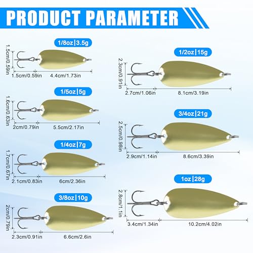 Fishing Spoons Metal Fishing Lures Kit, 5pcs Gold Metal Jigging Trout Lures Casting Trolling Spoon with with Treble Hooks for Trout Bass Pike Walleye Crappie Bass Salmon - size: 1/4oz