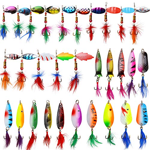 Rooster Bait Tail Fishing Lures Kit Spinner Baits Trout Lures Spoon Lures Bass Lures Hard Bait Bass Lures Crankbaits for Bass Pike Trout Salmon Crappie Walleye Fishing - color: 30pcs Fishing Lure kit