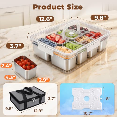 Homelove Snackle Box Container with Ice-Pack, Snack Container Divided Serving Tray with 8-Compartment Snack Platter, Lid and Handle, Food Organizer for Outdoor Travel Party Beach Picnic - color: C