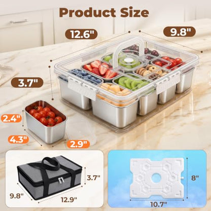 Homelove Snackle Box Container with Ice-Pack, Snack Container Divided Serving Tray with 8-Compartment Snack Platter, Lid and Handle, Food Organizer for Outdoor Travel Party Beach Picnic - color: C