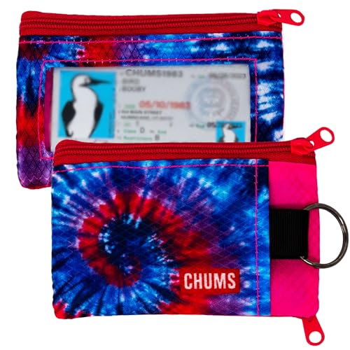 Chums Surfshorts Wallet - Lightweight Zippered Minimalist Wallet with Clear ID Window - Water Resistant with Key Ring (Red/Blue Swirl) - color: Red/Blue Swirl
