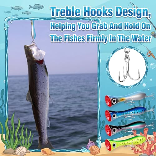 8-Inch Tuna Popper with Treble Hooks,4 Pcs Popper Saltwater Fishing Lures, Large Topwater 3D Eyes Surf Fishing Lure for Striper Barracuda Mackerel Snapper Bluefish Pencil Plugs Offshore