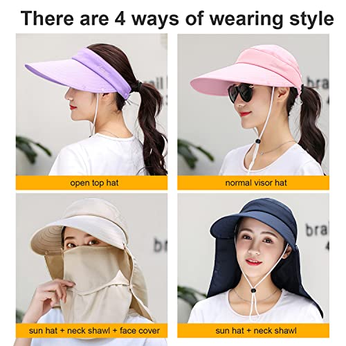 Women Wide Brim Face Mask Sun Hat Detachable Neck Face Flap Ponytail UV Protection Visor Hat Garden Fishing Hiking - color: A8-shun005-qianlan