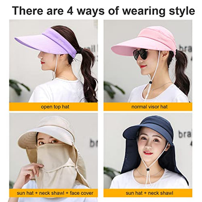 Women Wide Brim Face Mask Sun Hat Detachable Neck Face Flap Ponytail UV Protection Visor Hat Garden Fishing Hiking - color: A8-shun005-qianlan