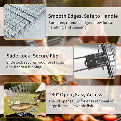 Square BBQ Fish Basket for Grilling suitable for camping | Portable stainless steel grill basket easy to clean, with a locking mechanism, and a heat-resistant wooden handle.