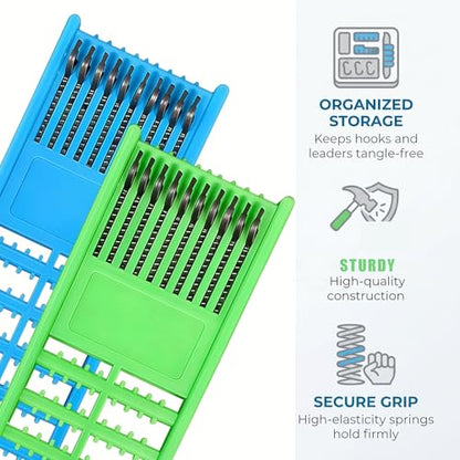2 Pack Fishing Hook Holder with Double Side Spring, Plastic Line Organizer for Snelled Hooks and Leaders, Blue and Green