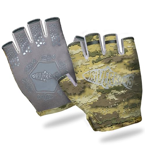 Riverruns SwiftShield Fishing Gloves Shortened Wrist UPF50+ Sun Gloves Fingerless Lightweight Breathable Hiking Driving Kayaking Paddling - color: CamoKhaki, size: Large