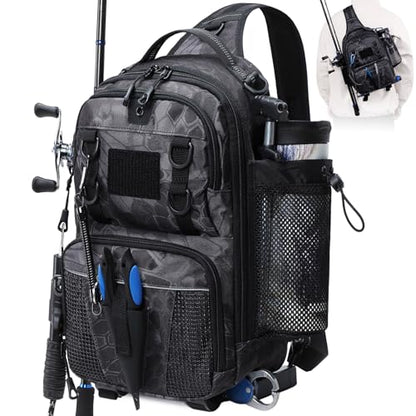 Fishing Bag, Small Fishing Tackle Sling Bag with Rod & Beverage Holder, Convertible Crossbody Shoulder Bag, Fish Gifts for Men Women, Black Camo - color: Black Camo