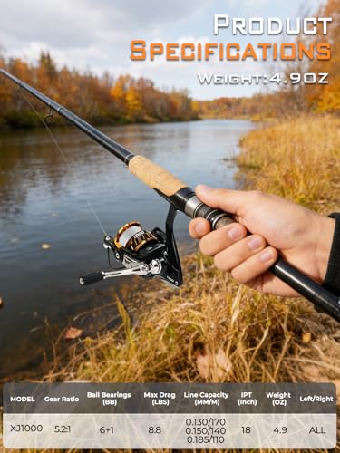 Jenseits Lightweight Spinning Fishing Reel, Sealed Carbon Fiber Up to 20 LB Max Drag, 5+1/6+1BB for Freshwater, 5.2:1 Gear Ratio,CNC Aluminum Spool,1000 Perfect for Ice Fishing, 2000-5000 Series - size: XJ-1000
