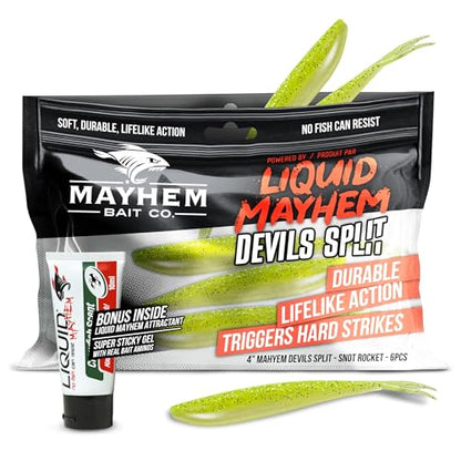 Liquid Mayhem Devils Split 4” – Soft Plastic Lures for Bass & Walleye with Fast Darting Action – Includes Bonus 10ml Attractant – 6 Baits Each Pack - size: 4" Kit - 1 Pack, style: Snot Rocket