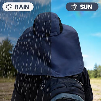 Solar Fan Hat Wide Fishing Hat Breathable Neck Flap Bucket Hats Outdoor Sun Hats for Men Women with USB Charging - color: Navy Blue