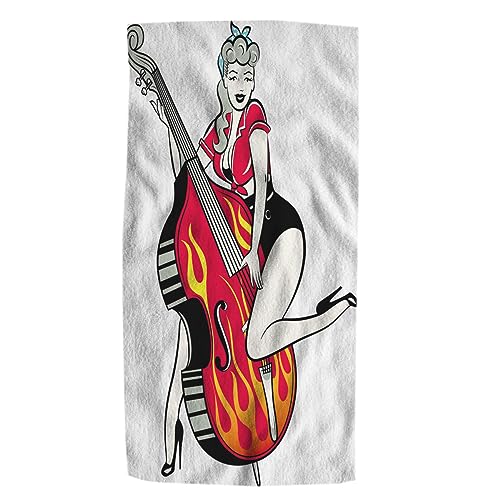 Pehede Rockabilly Pinup Girl Hand Towel Playing Double Bass with Flames Soft Guest Face Bath Towel Bathroom Decorations Thin Kitchen Tea Dish Towels 15 x 30 inch - color: Rockabilly Pinup Girl