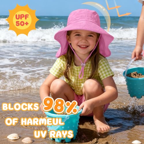 ZOORON Outdoor Kids Sun Hat with Neck Flap UPF 50+ Sun Protection Fishing Hat Wide Brim Summer Kids Beach Hats for Girls Boys - color: 1pack-rose Red