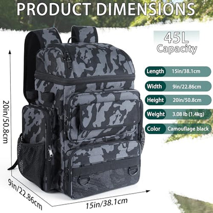 Fishing Tackle Backpack With Rod Holders, 45L Large Tackle Bag & Fishing Tackle Backpack,Cellular Pattern Color - color: Camouflage Cellular Pattern
