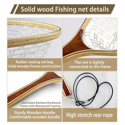 Fly Fishing Landing Net Trout Soft 23.62in Rubber Fish Net with Wooden Handle Frame Fly Fish Net