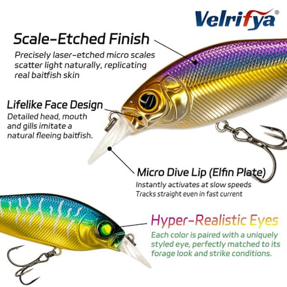 Flat Sided Japanese-Style Crankbait Elfin Shad – Medium Diving Bass Fishing Lure, Hard Bait Shad Crankbait for Freshwater Velrifya - color: 0C 3-Color Pack