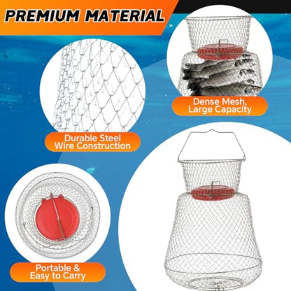 Floatable Galvanized Steel Wire Fish Basket | Collapsible and Portable Fishing Basket Cage, Robust and Easy to Use Fish Basket for Live Catch Outdoors