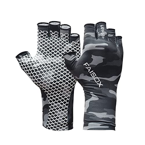 Fly Fishing Gloves Men Sun Sleeves Fingerless UPF Camo Quick-Drying UV Sun Protection for Kayak Rowing Adults Women - color: Black Camo, size: Large