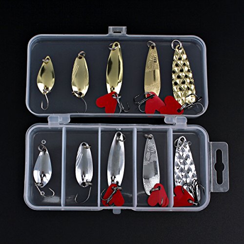 10pcs Metal Spoons Lures Kit with Hook Tackle Box, Hard Fishing Lures, Sequin Baits for Trout, Panfish, Bass