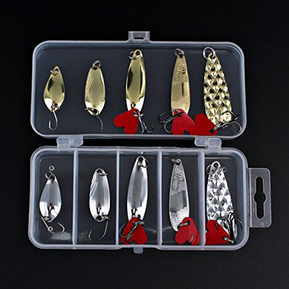 10pcs Metal Spoons Lures Kit with Hook Tackle Box, Hard Fishing Lures, Sequin Baits for Trout, Panfish, Bass