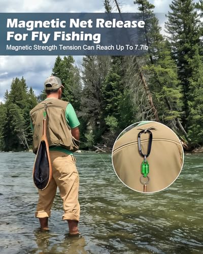 Magnetic Net Release for Fly Fishing, Aluminum Magnetic Quick Release Keychain, Fly Fishing Net Magnet Holder Retractor with Carabiner - color: GREEN D-2PC