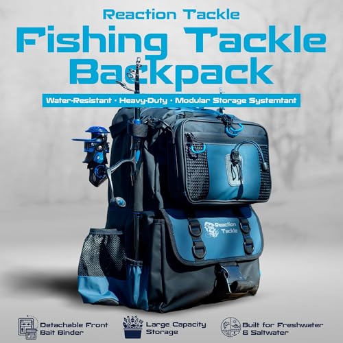 Reaction Tackle Fishing Tackle Backpack with Detachable Bait Binder and Rod Holders, Water Resistant Soft Plastic Storage with Padded Straps for Freshwater and Saltwater