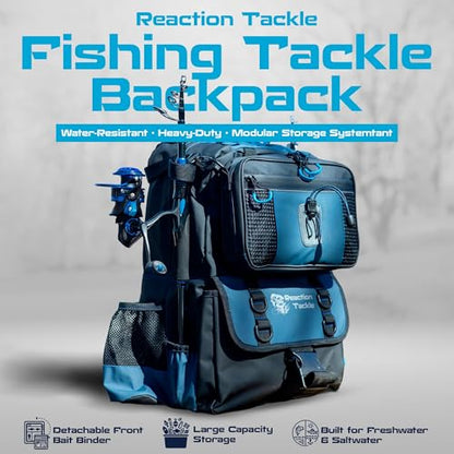 Reaction Tackle Fishing Tackle Backpack with Detachable Bait Binder and Rod Holders, Water Resistant Soft Plastic Storage with Padded Straps for Freshwater and Saltwater