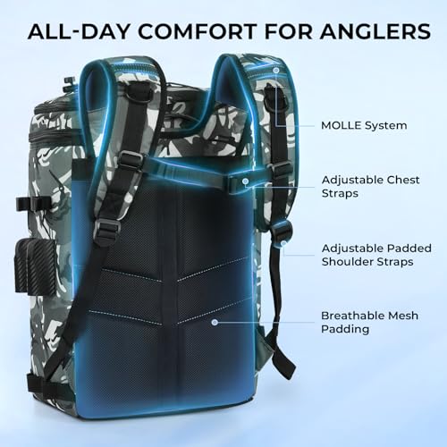 Calamus GearMaster Tackle Backpack with Bait Binder, Large Lightweight Water-Resistant Fishing Bag, Rod Holders, Food Storage - color: Black Camo
