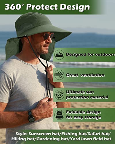Tirrinia Wide Brim Sun Hat with Neck Flap for Men & Women, Breathable Hiking Fishing Safari Hat, Outdoor UV Protection Cap - color: Forest Green