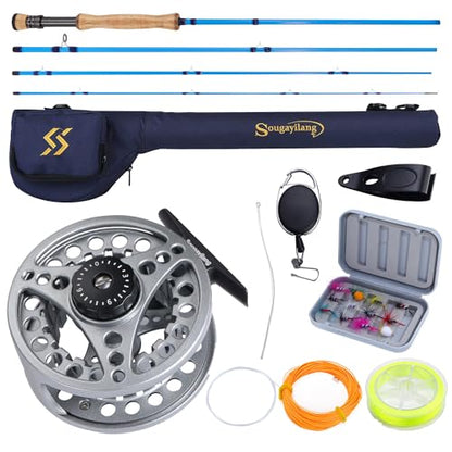 Sougayilang Fly Fishing Combo, 4 Piece Fly Rod and CNC Machined Aluminum Alloy Reel Complete Starter Package with Rod Bag - color: Fly Fishing Combo #8-Silver