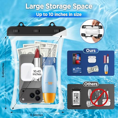 CACOE Floatable Waterproof Phone Pouch 2 Pack Up to 10.0", Black+Black | Floatable, IPX8 Waterproof Phone Case,Adjustable Lanyard,Dry Bags for Beach/Cruise/Travel/Camping/Kayak/Vacation Essentials - color: Black+Black-#2, size: Up to 10.0"-Floatable