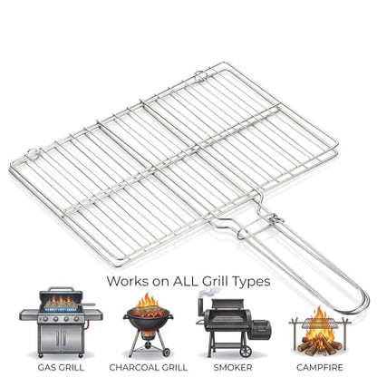 Stainless Steel Fish Grill Basket for Outdoor BBQ, Heavy Duty Lockable Grilling Rack for Fish Vegetables Steak Veggies Shrimp Meat, Portable Campfire Cooking Mesh Grate Tool, 12 x 8 Inch