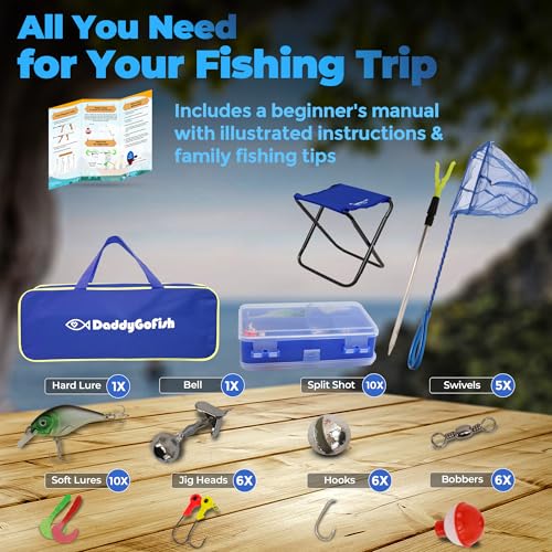 DaddyGoFish Kids Fishing Pole - Rod Reel Combo Tackle Box Starter Set - First Year Small Dock Gear Kit for Boys Girls Toddler Youth Age Beginner Little Children Junior Anglers Older Kids - color: 2 Pack- Blue + Blue