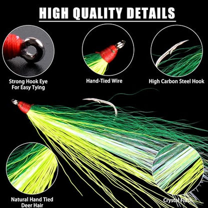 Bucktail Teasers Fishing Hooks Saltwater Flounder Rig Bucktail Mylar Teasers Inserted Fishing Teaser Hooks for Jigs Spoons Lures Hi/Lo Rig Striped Bass Bluefish Flounder Surf Bottom Fishing - color: Yellow-green, size: 6pcs