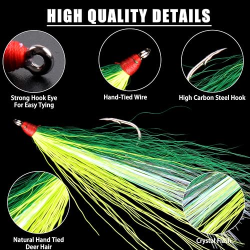 Bucktail Teasers Fishing Hooks Saltwater Flounder Rig Bucktail Mylar Teasers Inserted Fishing Teaser Hooks for Jigs Spoons Lures Hi/Lo Rig Striped Bass Bluefish Flounder Surf Bottom Fishing - color: Yellow-green, size: 12pcs