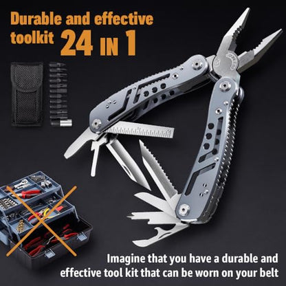 24-in-1 Multitool with Knife, Pliers & 11 Bits Sharp Stainless Steel - Multi Tool for Men - Ideal Gear with Tools for Camping Hiking, Survival, EDC - Best Gifts for Husband Boyfriend 2238 - color: 1. Silver