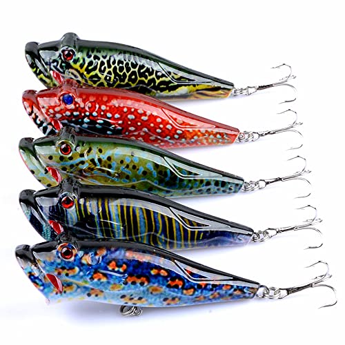 5 Pcs Hard Popper Lure with Color Drawing Coating, Hard Crankbait Lures Set, as Popper Bait for Salmon Trout Walleye Bass Redfish in Freshwater Saltwater 21
