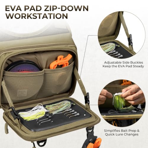 KastKing Bait Boss Water-Resistant Fishing Chest Pack With EVA Zip-Down Workstation, MOLLE Storage, Adjustable Chest Straps - color: D: Khaki